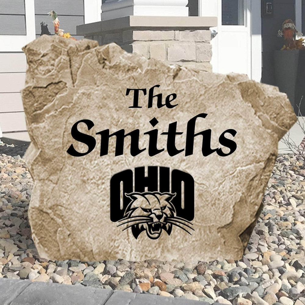 Personalized Ohio University family name stone engraved with your surname, creating a timeless Bobcats-inspired centerpiece for your outdoor landscape.