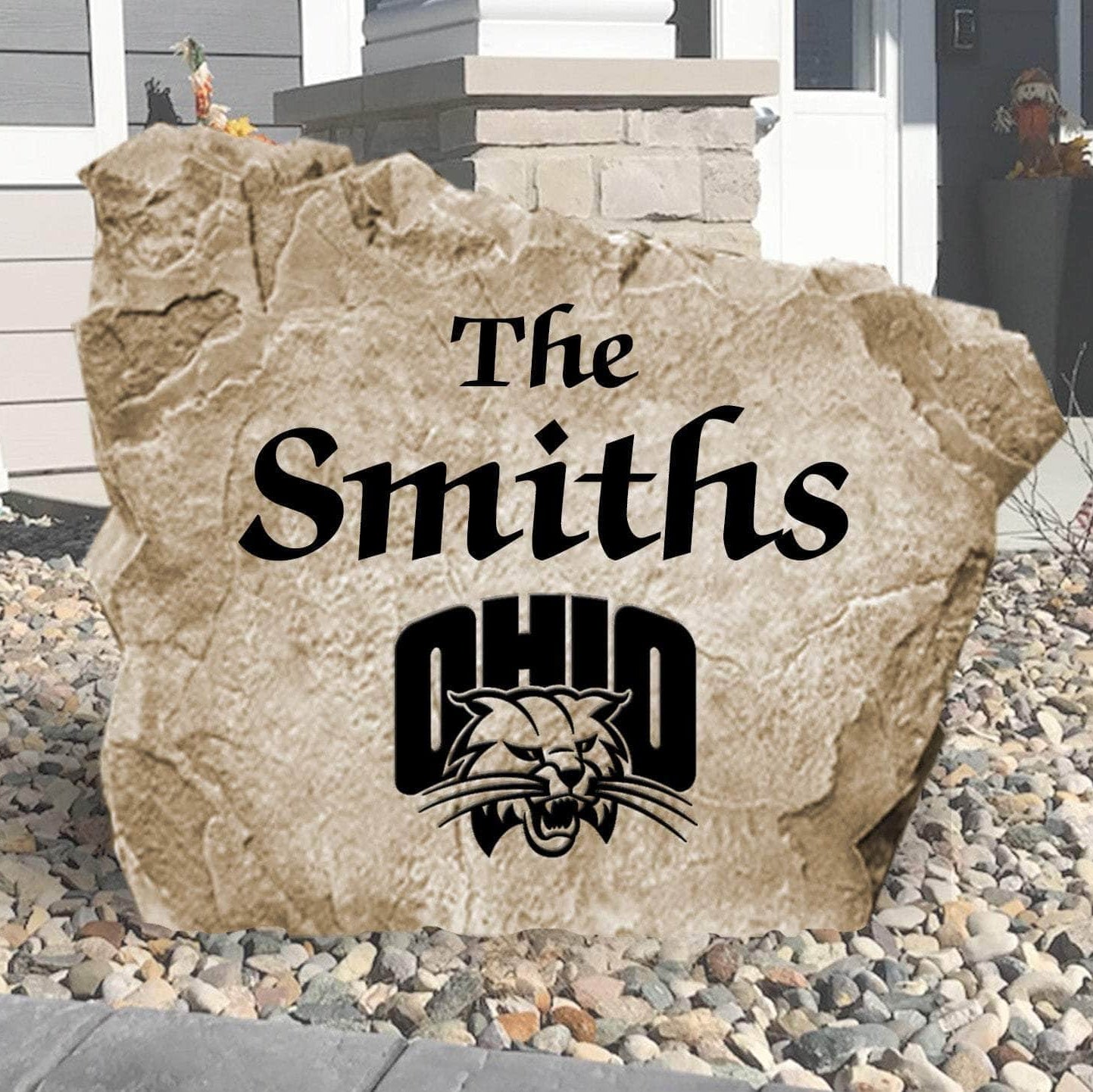 Personalized Ohio University family name stone engraved with your surname, creating a timeless Bobcats-inspired centerpiece for your outdoor landscape.