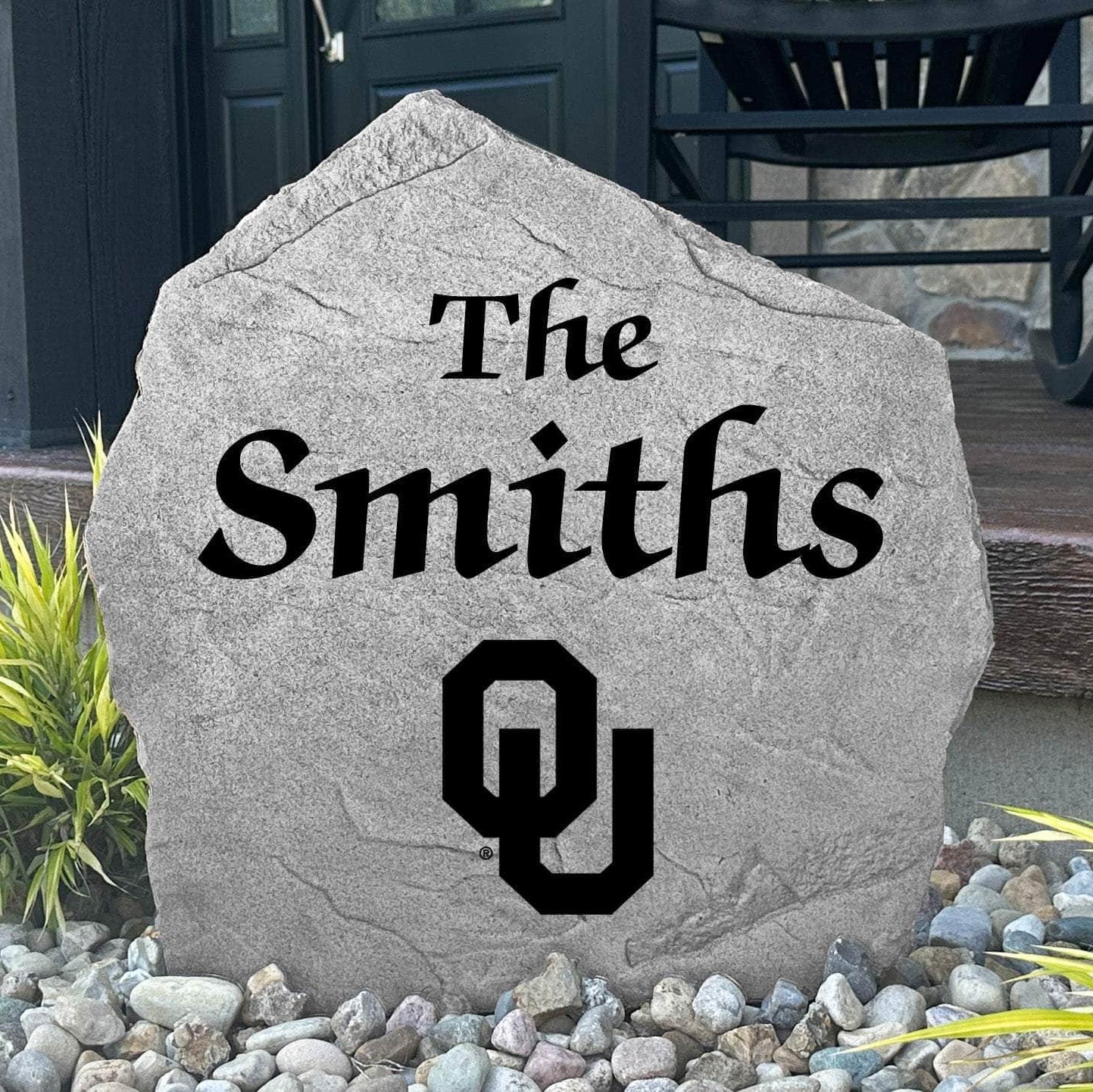 Custom University of Oklahoma Name Stone featuring the official Sooners logo and your personalized family name. A perfect addition to gardens, patios, landscape beds, and front entryways for devoted Oklahoma fans.
