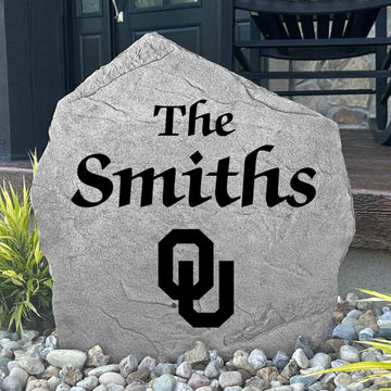 Custom University of Oklahoma Name Stone featuring the official Sooners logo and your personalized family name. A perfect addition to gardens, patios, landscape beds, and front entryways for devoted Oklahoma fans.