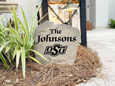Oklahoma State University stone marker featuring engraved family name