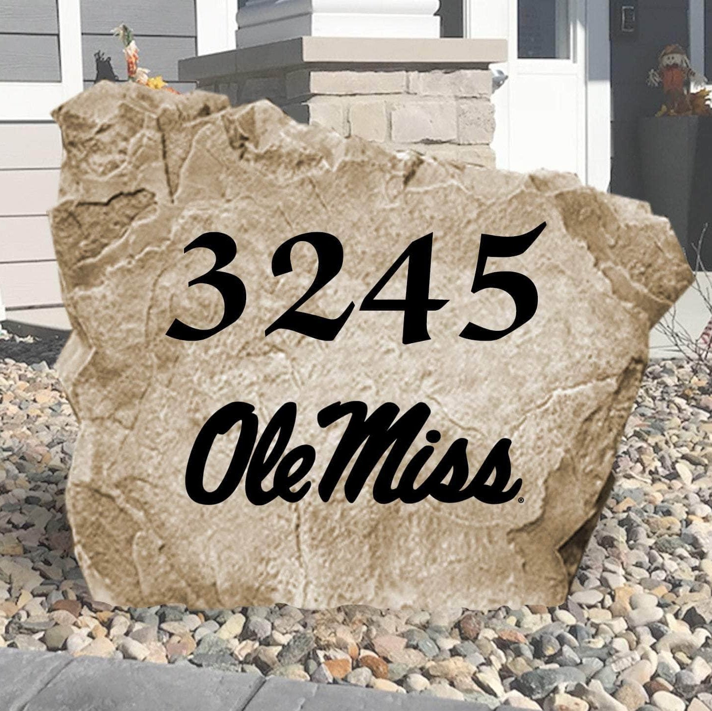 Officially licensed University of Mississippi Address Stone personalized with your house numbers and engraved directly into durable stone. This custom address marker showcases Ole Miss pride while enhancing your home's curb appeal.