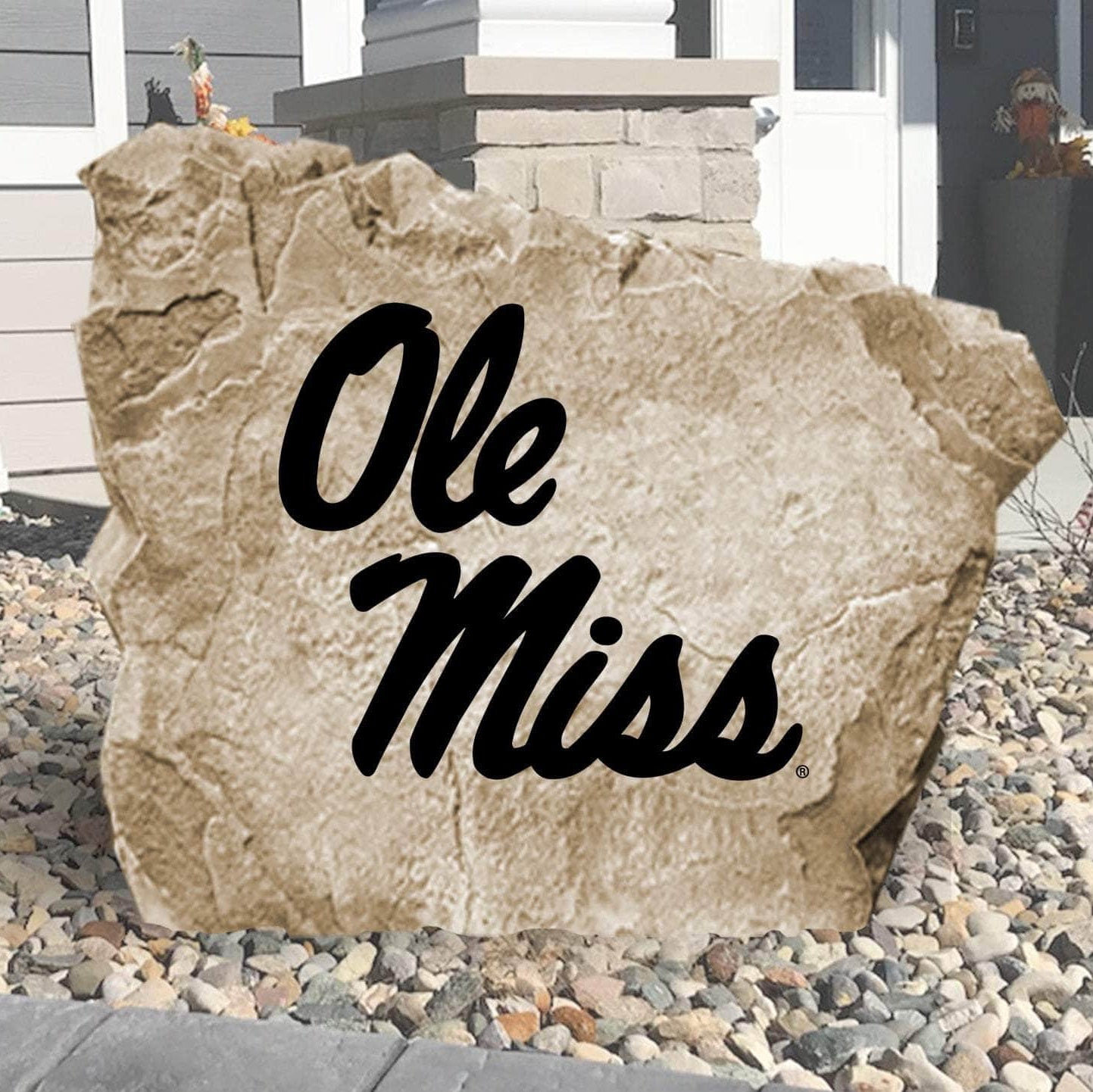 Officially licensed University of Mississippi Logo Stone featuring the iconic Ole Miss Rebels logo engraved into premium stone. A bold outdoor décor piece that showcases your school pride in gardens, entryways, patios, and landscaped walkways.