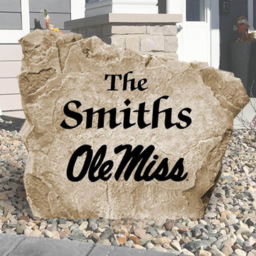Officially licensed University of Mississippi Name Stone personalized with your family name and engraved directly into premium stone. This custom outdoor décor celebrates Ole Miss pride while creating a welcoming entrance to your home.