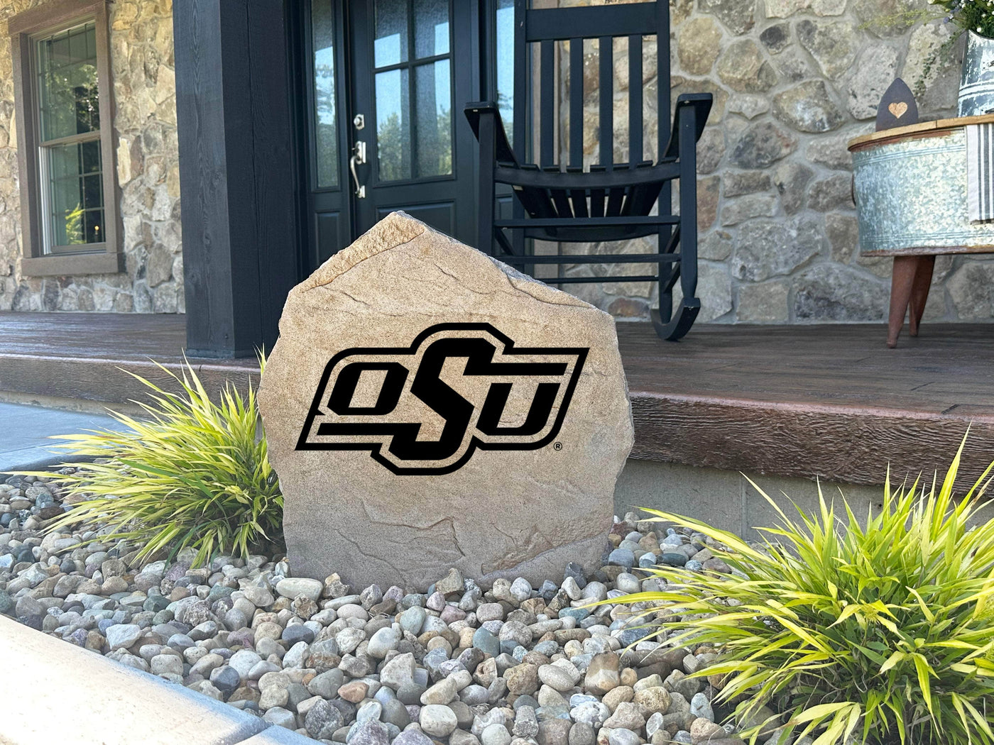 Engraved Oklahoma State University logo rock for garden or entryway