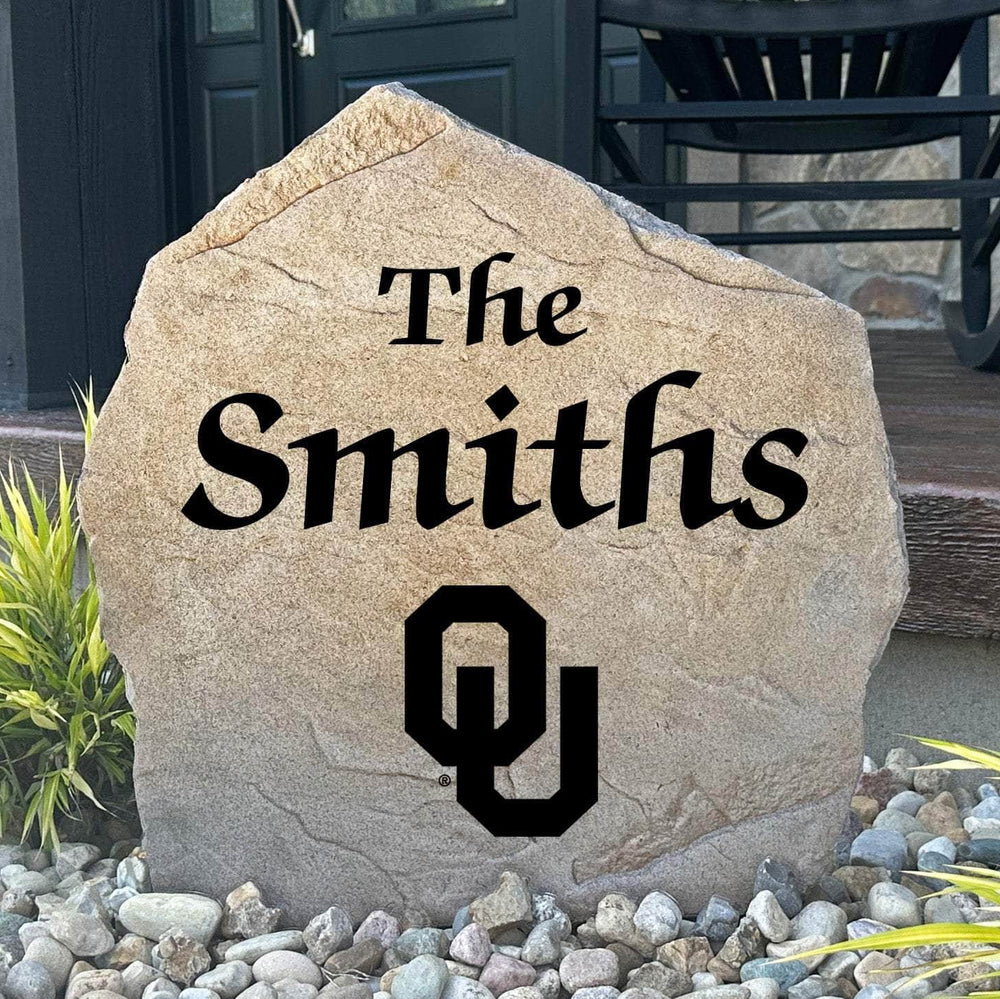 Officially licensed University of Oklahoma Name Stone personalized with your family name and engraved directly into durable stone. This custom landscape accent showcases Sooners pride while creating a warm welcome for family and friends.