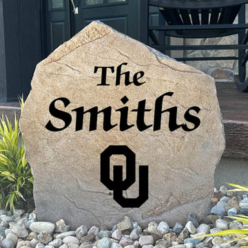 Officially licensed University of Oklahoma Name Stone personalized with your family name and engraved directly into durable stone. This custom landscape accent showcases Sooners pride while creating a warm welcome for family and friends.