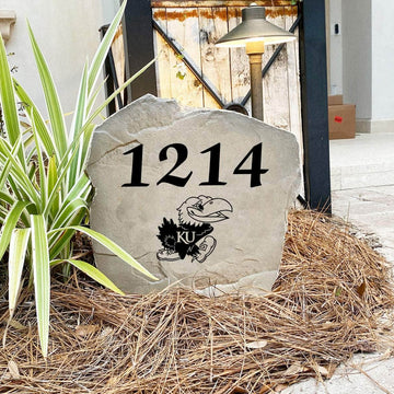 Handcrafted University of Kansas Address Stone proudly made in the USA with deeply engraved house numbers and officially licensed collegiate artwork. Available in Sandstone and Greystone finishes for long-lasting outdoor beauty.