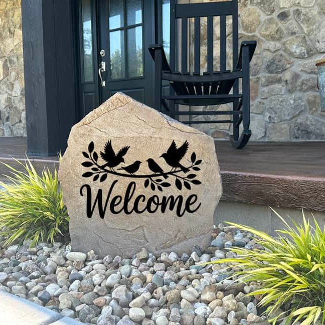Custom Welcome Bird Stone with engraved bird accents and a welcoming design, perfect for enhancing front yard landscaping and garden beds. This weather-resistant stone adds warmth and elegance to home entrances.