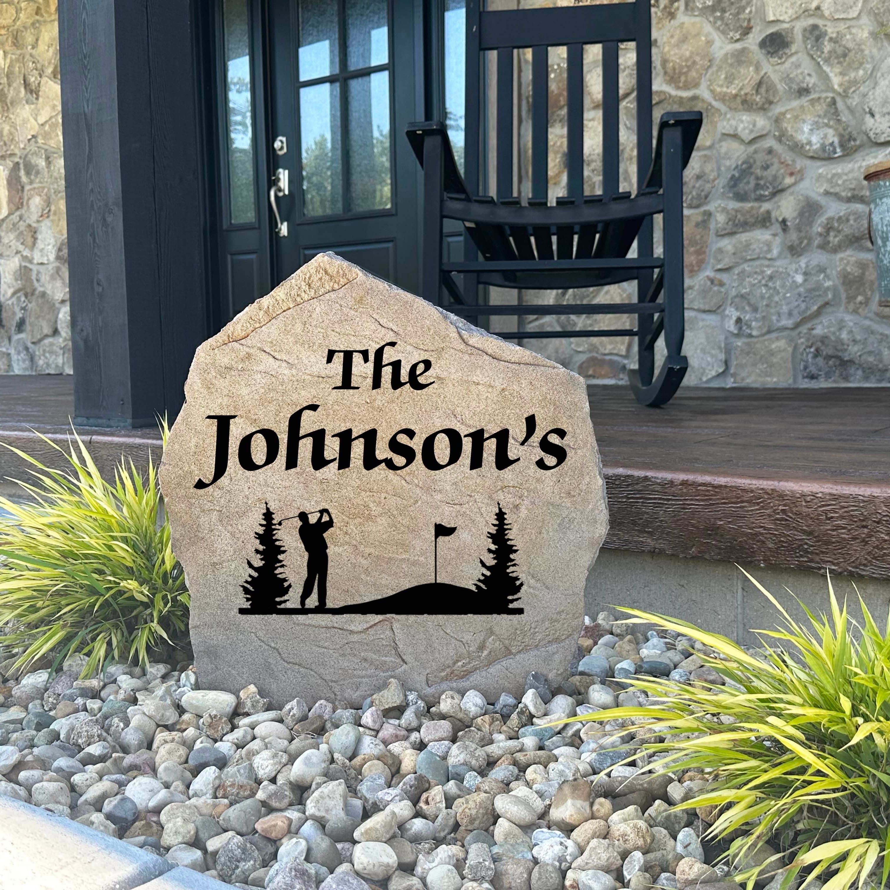 Decorative Golf Name landscape stone featuring custom engraving, ideal for front yards, patios, gardens, and golf enthusiasts who love unique home décor.