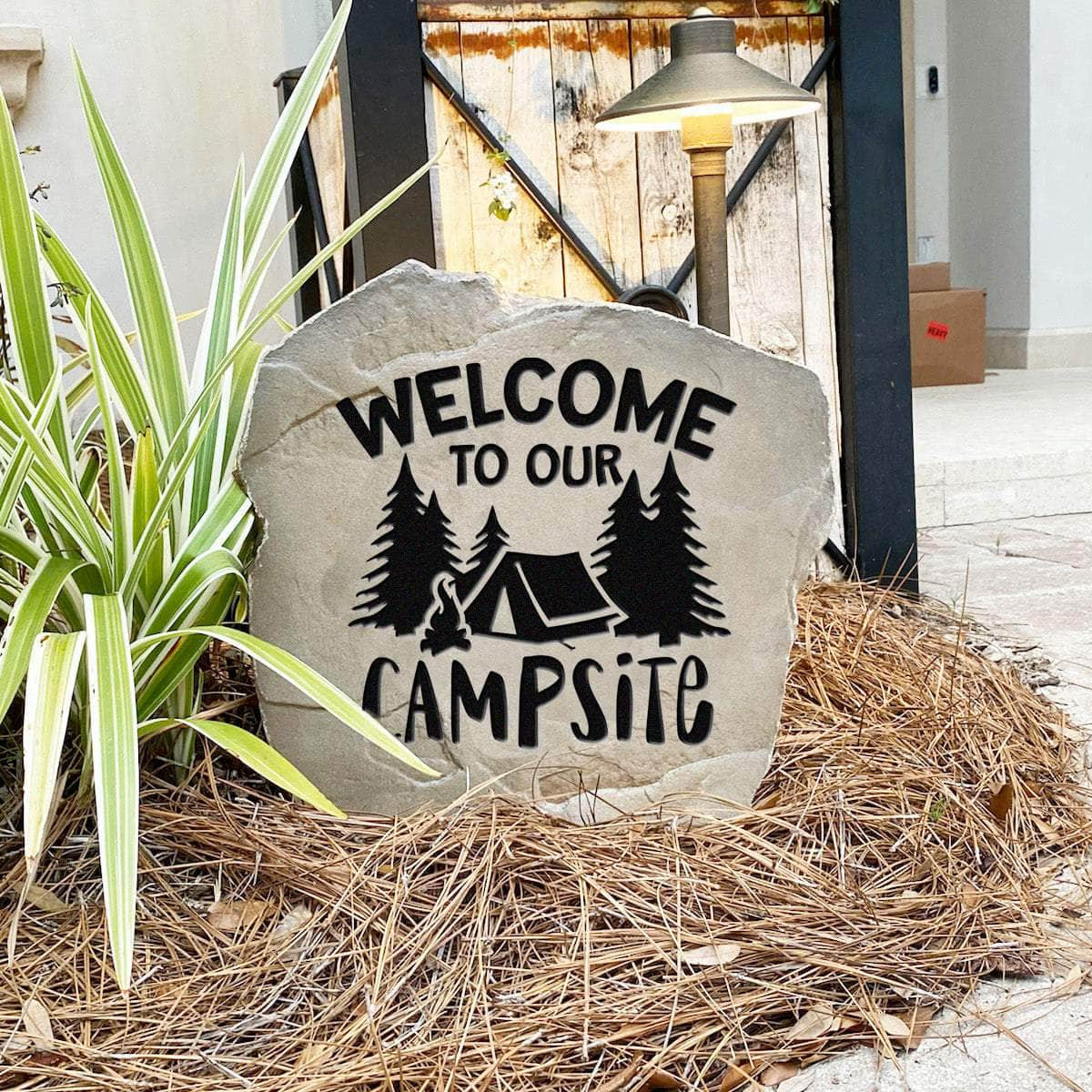 Weather-resistant campground welcome marker designed to enhance campsites, fire pit areas, lake properties, and wooded escapes with timeless style.