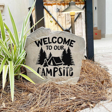 Weather-resistant campground welcome marker designed to enhance campsites, fire pit areas, lake properties, and wooded escapes with timeless style.
