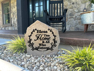 Personalized outdoor stone with “Bless This Home” message