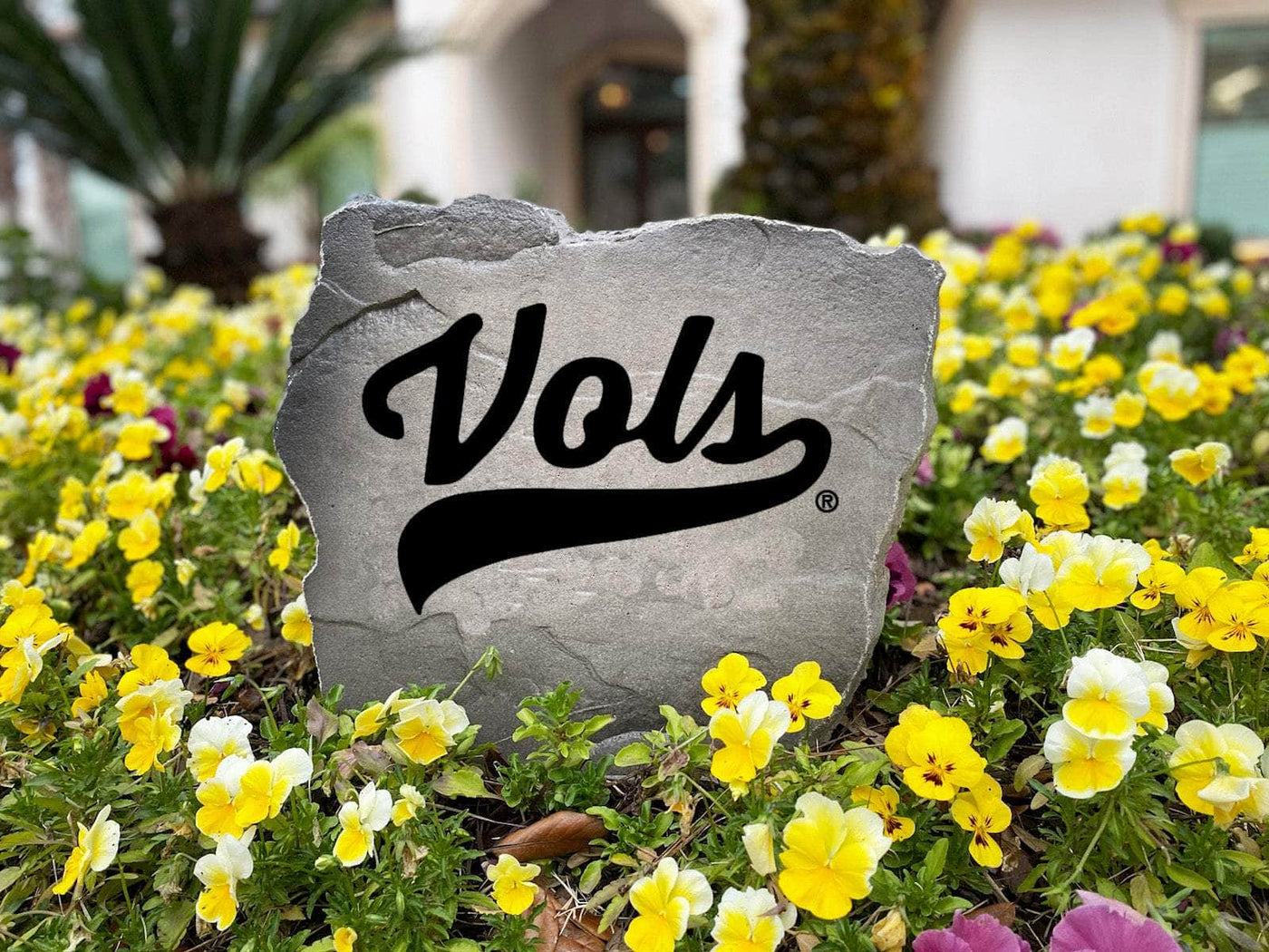 Engraved outdoor rock with University of Tennessee VOLS logo