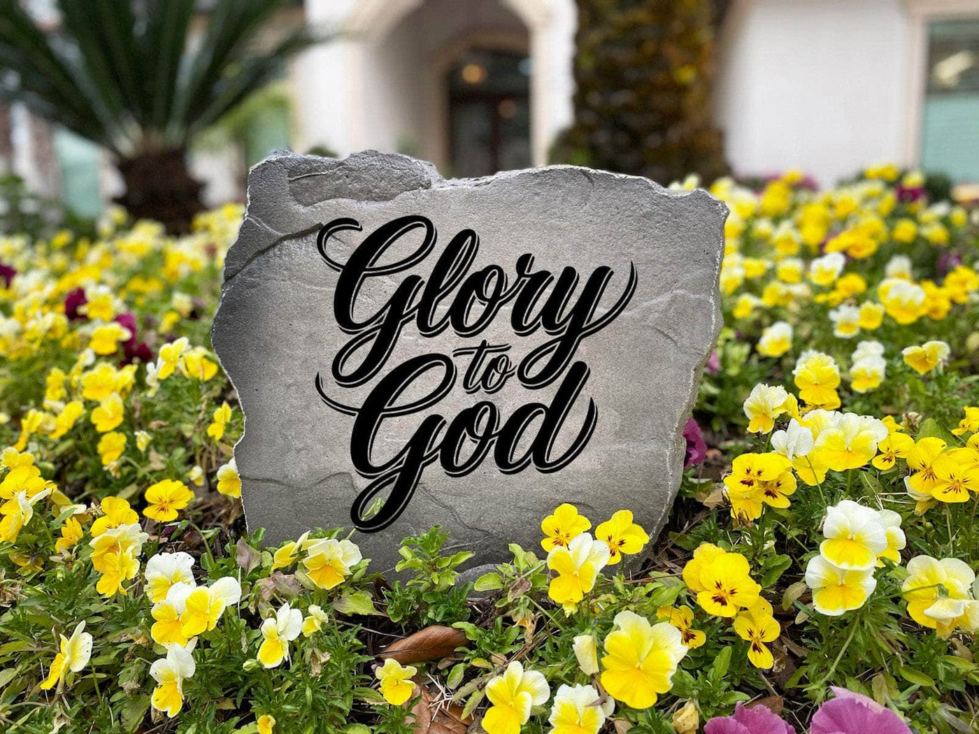 Custom engraved Glory To God stone for garden or pathway.