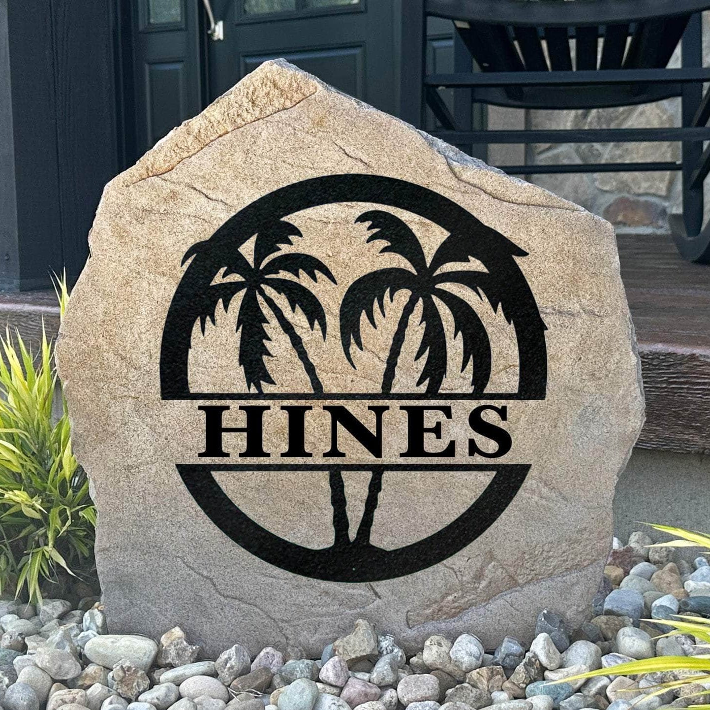 Personalized palm tree monogram stone engraved with your custom initial and family name, bringing tropical elegance to any outdoor landscape.