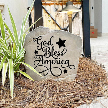 Decorative God Bless America Stone with permanently engraved patriotic details designed to enhance gardens, entryways, patios, and landscape borders. This outdoor accent celebrates American pride with lasting beauty.