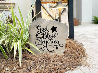Durable outdoor memorial stone featuring God Bless America design.