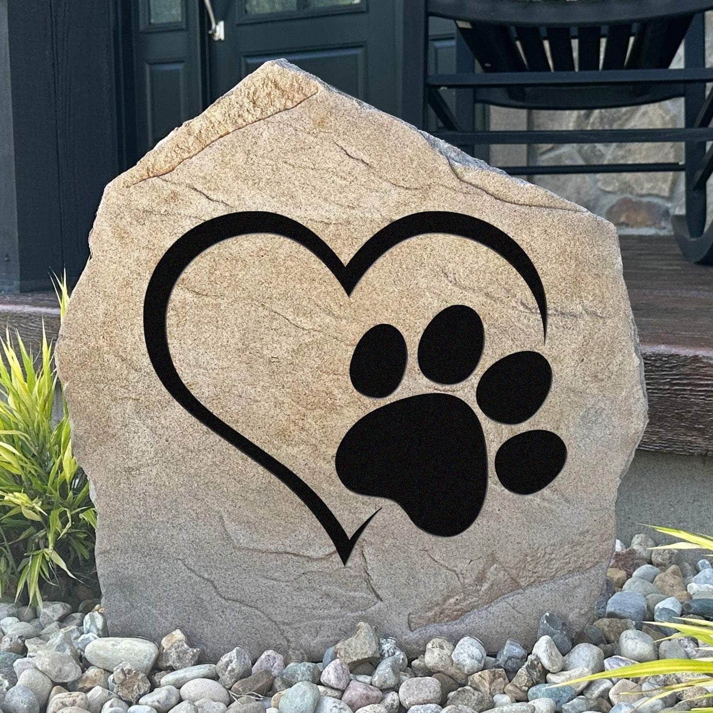 Decorative heart and paw print landscape plaque crafted from durable concrete, creating a meaningful accent for pet lovers and animal families.