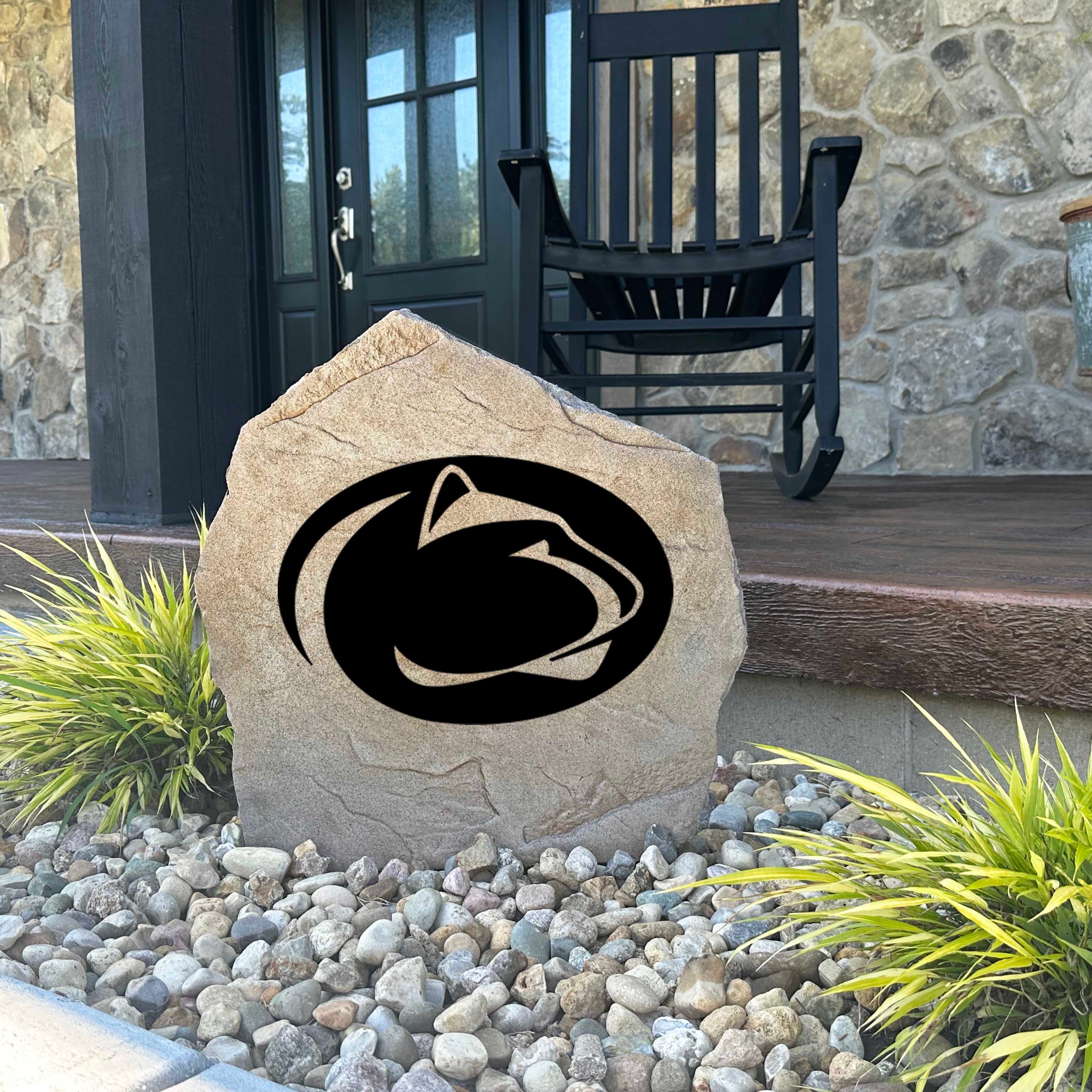 Decorative Penn State Nittany Lions garden stone featuring the official university logo permanently engraved into durable stone. An eye-catching addition to patios, fan spaces, outdoor kitchens, and landscape borders.
