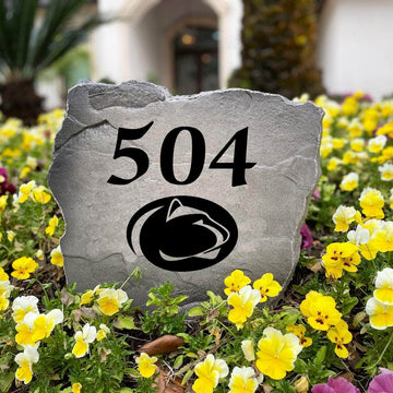 Personalized Penn State University outdoor address marker engraved into premium stone with authentic Nittany Lions graphics. A unique landscaping feature and thoughtful gift for Penn State fans, alumni, and new homeowners.