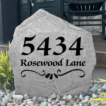 Personalized Scroll Address Stone with custom house numbers and elegant scroll detailing engraved directly into the stone surface. This engraved address stone creates a beautiful house number marker that enhances curb appeal in front yards, gardens, walkways, and entryways.