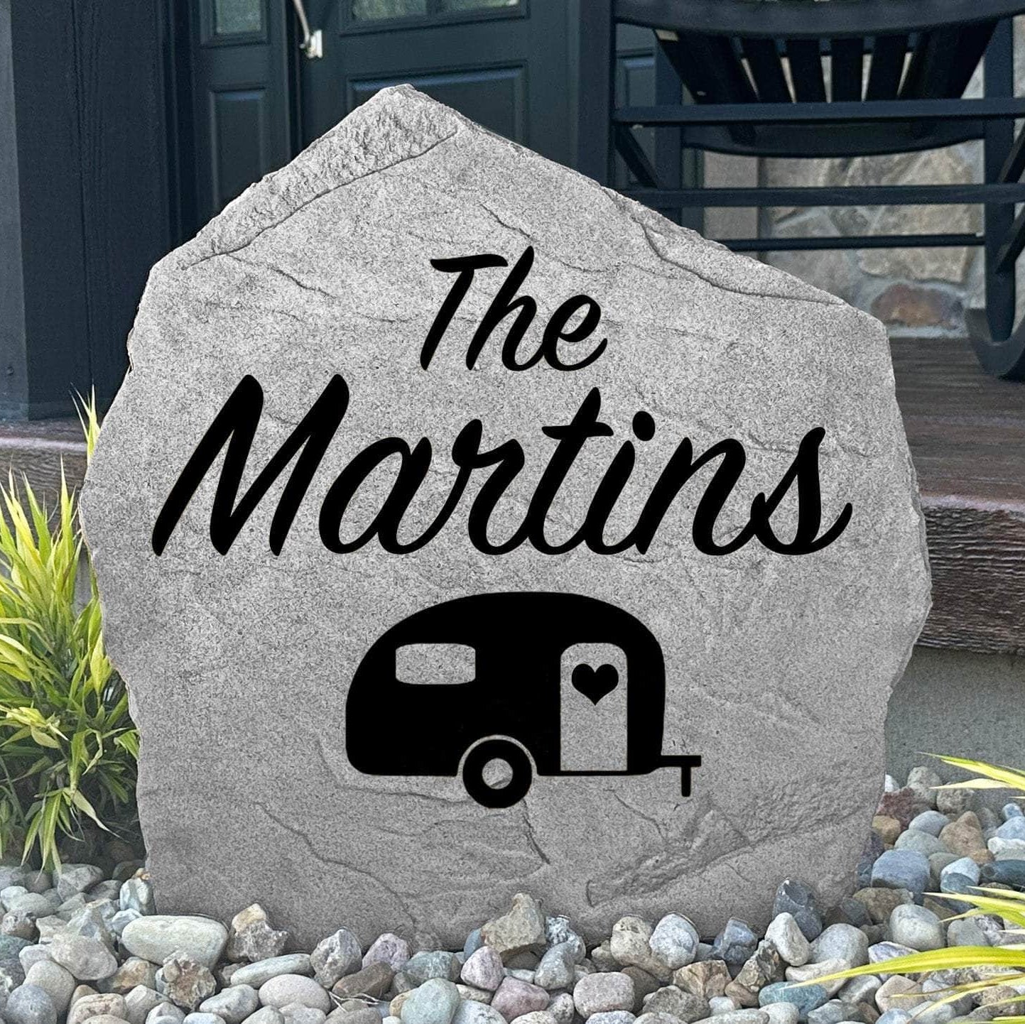 Personalized camper name stone engraved with your family name, creating a welcoming entrance for your campsite, travel trailer, or outdoor retreat.