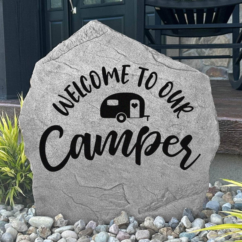 Decorative camper welcome plaque crafted from durable concrete, adding personalized charm to RV parks, campgrounds, and outdoor adventures.