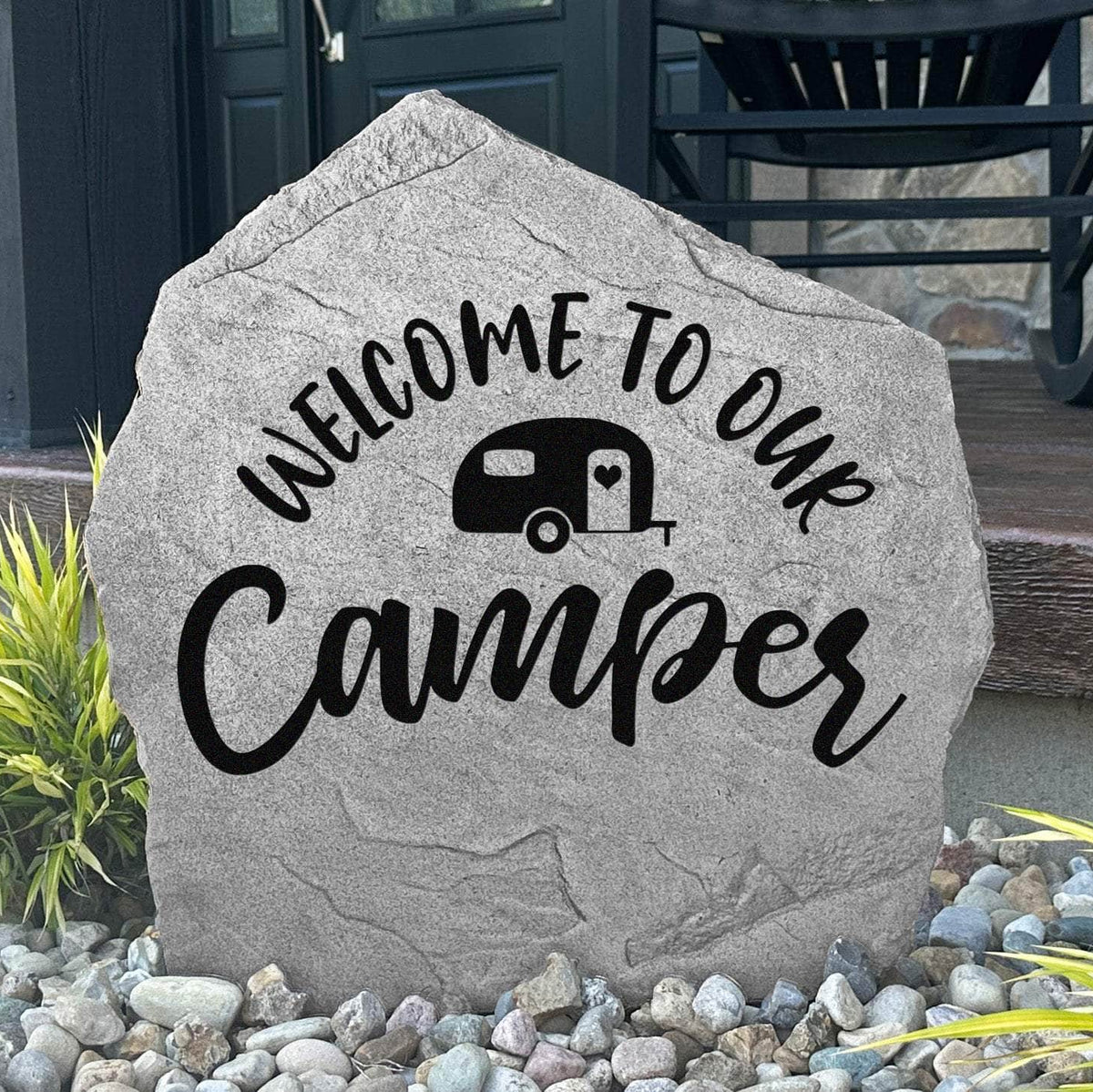 Decorative camper welcome plaque crafted from durable concrete, adding personalized charm to RV parks, campgrounds, and outdoor adventures.