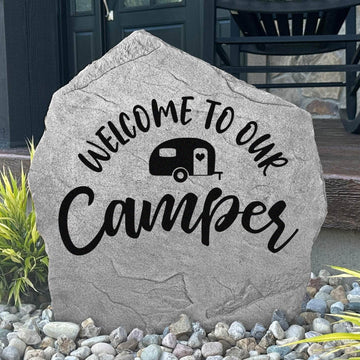 Decorative camper welcome plaque crafted from durable concrete, adding personalized charm to RV parks, campgrounds, and outdoor adventures.