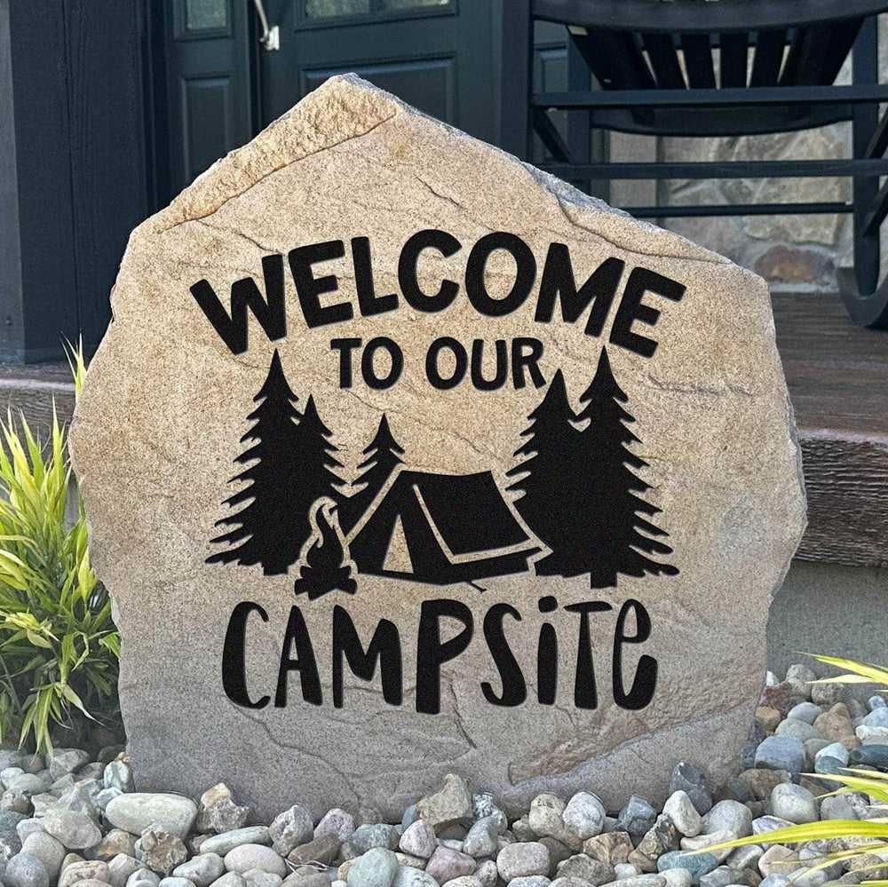 Decorative campsite welcome plaque crafted from durable concrete, adding rustic charm to campers, cabins, travel trailers, and seasonal campsites.