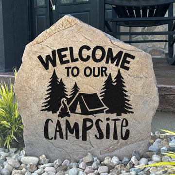 Decorative campsite welcome plaque crafted from durable concrete, adding rustic charm to campers, cabins, travel trailers, and seasonal campsites.
