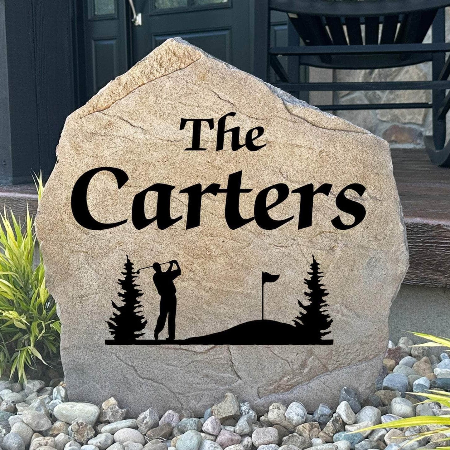 Personalized Golf Name Stone engraved with your family surname, creating the perfect landscape accent for golfers, golf course homes, and country clubs.