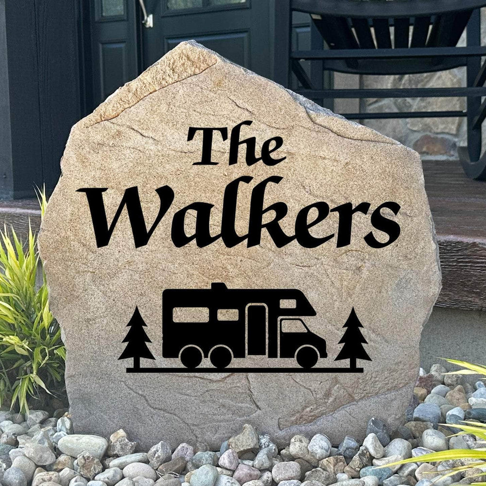 Personalized RV name stone engraved with your custom family name, creating a welcoming campsite entrance for campers and travelers.