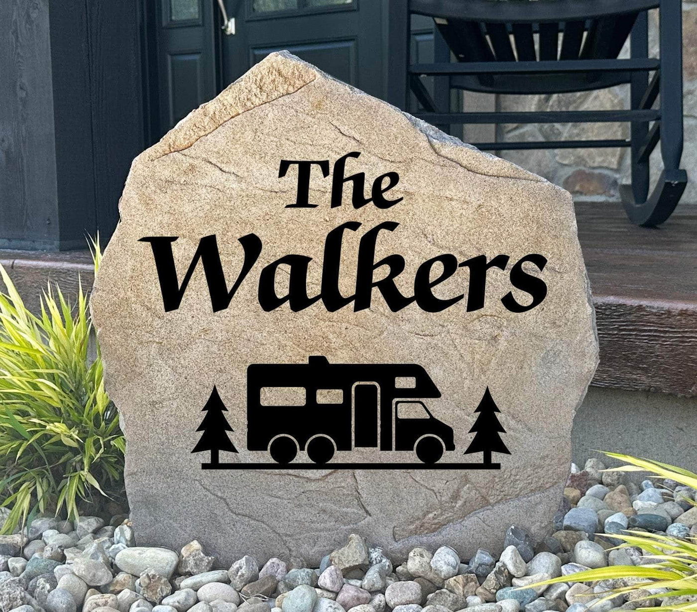 Personalized RV camping stone engraved with family name for campsite or yard.
