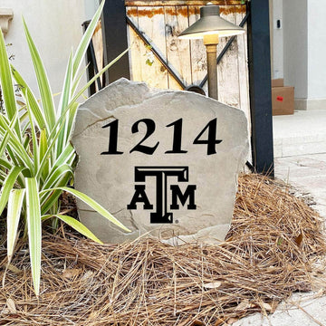 Handcrafted Texas A&M University Address Stone proudly made in the USA with deeply engraved house numbers and officially licensed collegiate artwork. Available in Sandstone and Greystone finishes for long-lasting outdoor beauty.