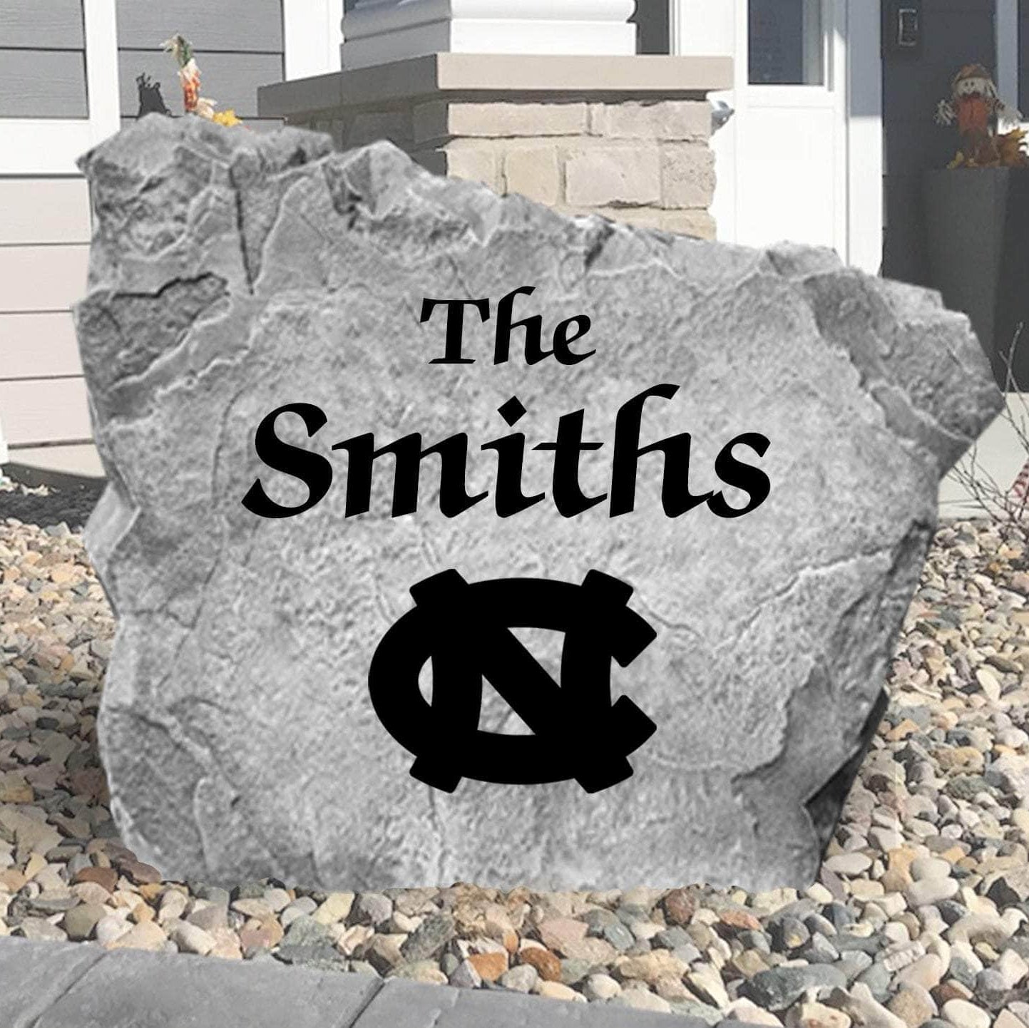 Custom University of North Carolina Tar Heels Name Stone featuring the official university logo and your personalized family name. A beautiful landscape accent for gardens, patios, front entryways, and flower beds.