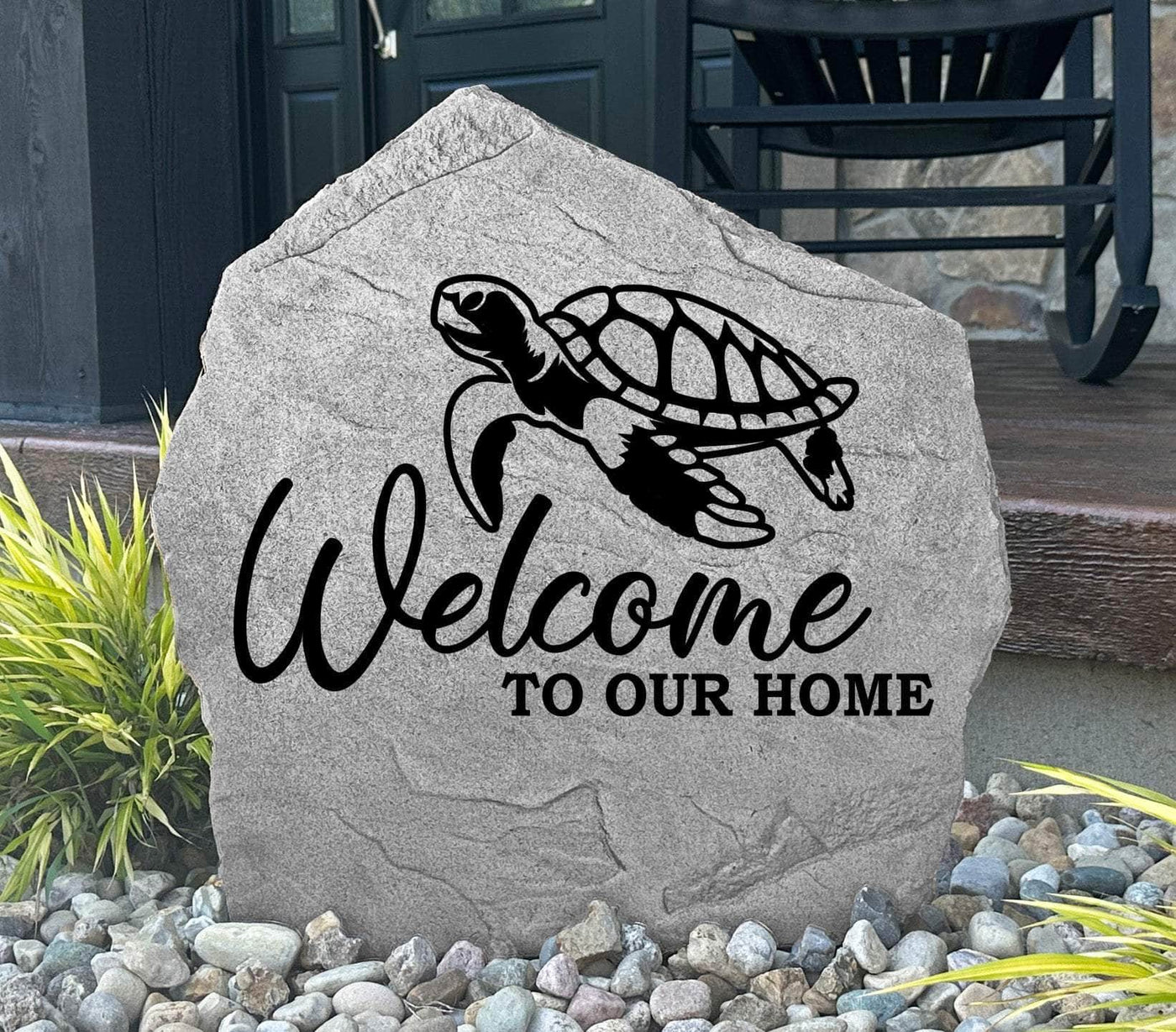 Engraved sea turtle welcome stone for garden or porch entry.