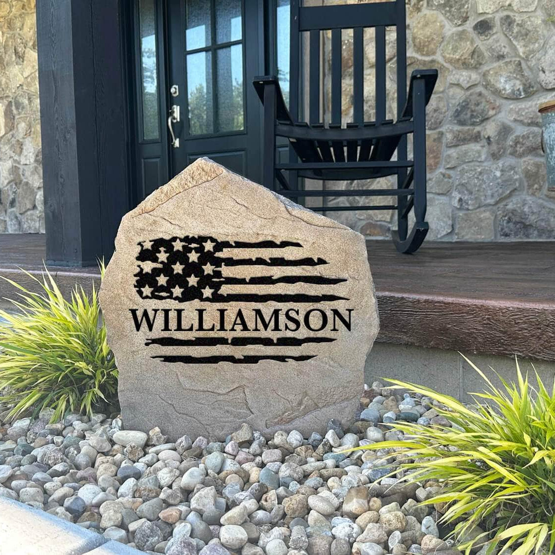 Handcrafted engraved American flag monument showcasing your custom family name with premium craftsmanship built for years of outdoor beauty.