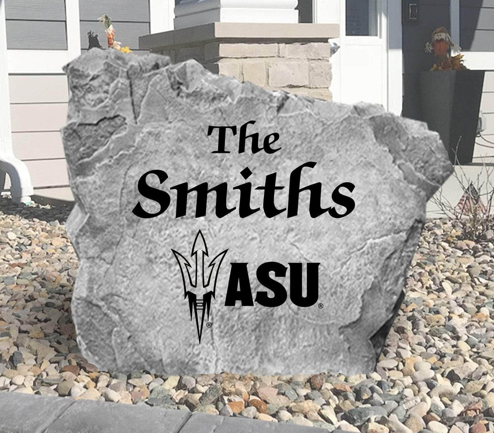 Custom Arizona State Sun Devils Name Stone featuring the official university logo and your personalized family name. A beautiful landscape accent for gardens, patios, front entryways, and flower beds.
