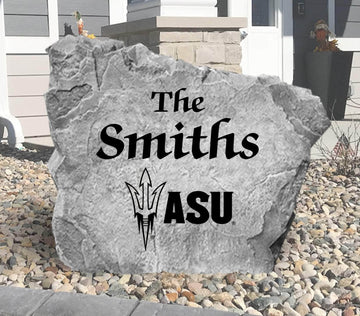 Custom Arizona State Sun Devils Name Stone featuring the official university logo and your personalized family name. A beautiful landscape accent for gardens, patios, front entryways, and flower beds.
