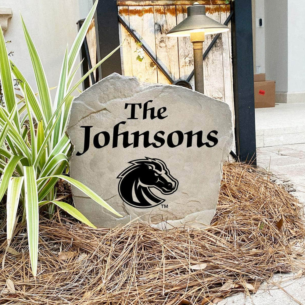 Engraved Boise State University Name Stone with a custom family name and the Boise State Broncos logo, bringing collegiate spirit and timeless style to front yard landscapes, walkways, and home entrances.