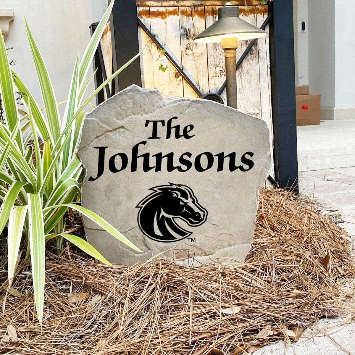 Engraved Boise State University Name Stone with a custom family name and the Boise State Broncos logo, bringing collegiate spirit and timeless style to front yard landscapes, walkways, and home entrances.