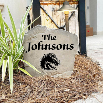 Engraved Boise State University Name Stone with a custom family name and the Boise State Broncos logo, bringing collegiate spirit and timeless style to front yard landscapes, walkways, and home entrances.