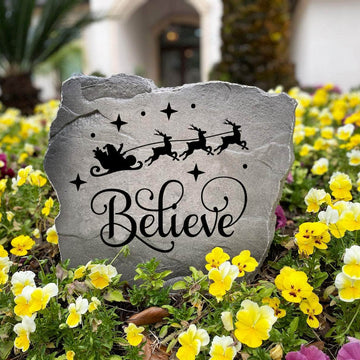 Handcrafted Believe Holiday Stone proudly made in the USA with detailed engraving and durable construction. This festive garden stone enhances outdoor Christmas decorations with lasting beauty and seasonal charm.