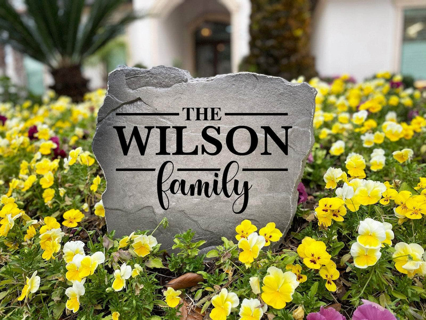 Decorative landscaping stone with modern family name engraving