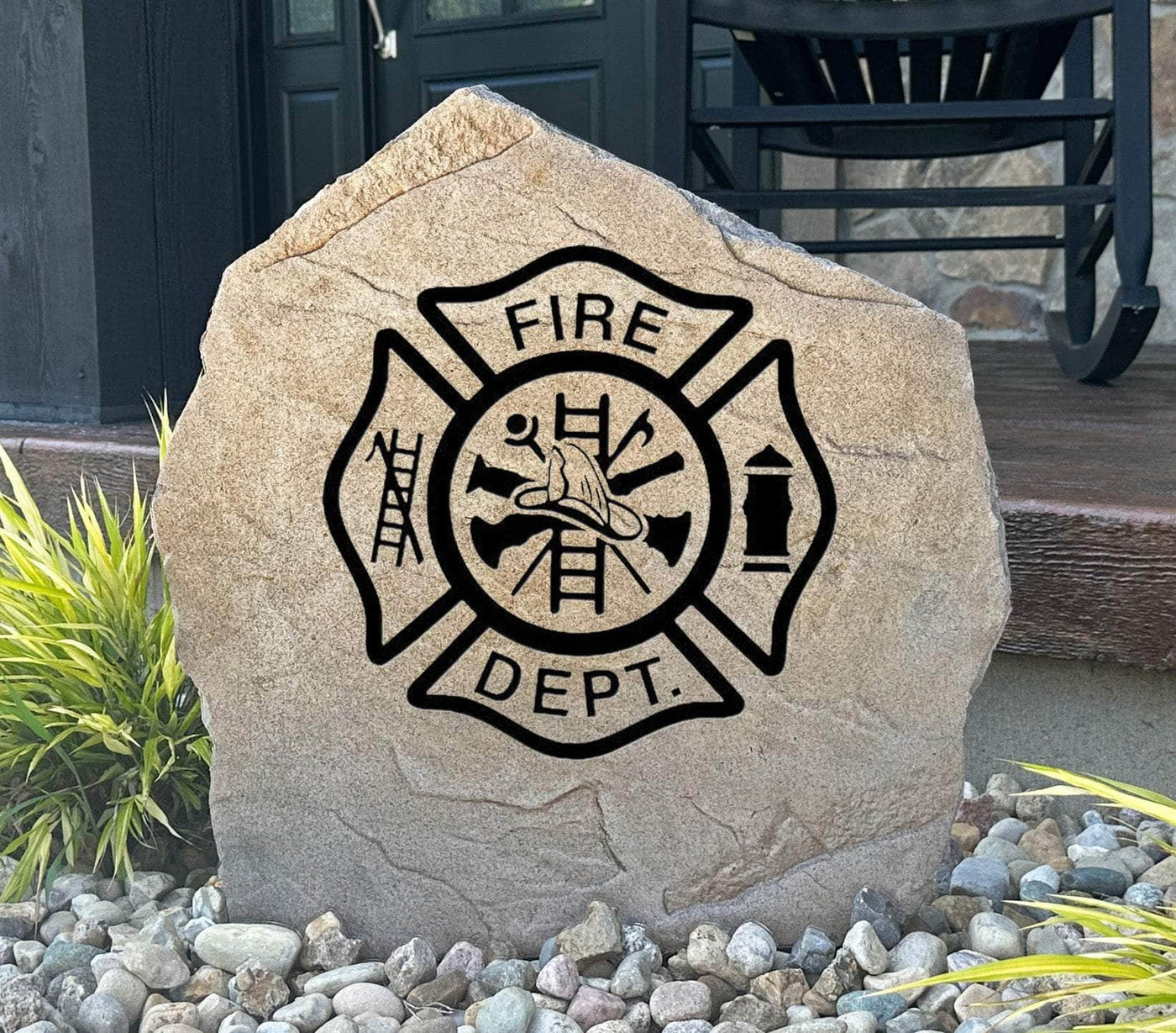 Personalized firefighter memorial stone for outdoor display