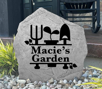 Personalized engraved stone for gardens featuring monogram name.