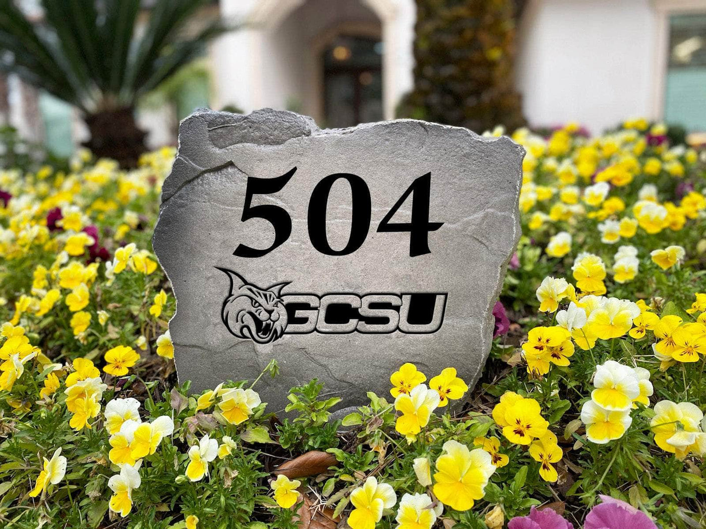 Decorative Georgia College engraved address rock for yard.