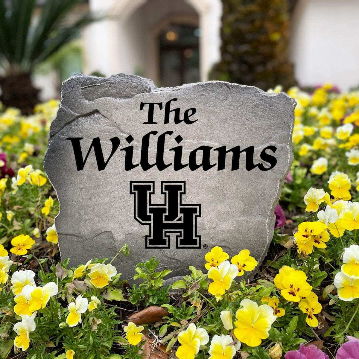 Officially licensed Houston Cougars Name Stone handcrafted in the USA with custom family engraving and detailed team artwork. This decorative garden stone enhances landscape beds, patios, and outdoor living spaces with lasting beauty and school spirit.